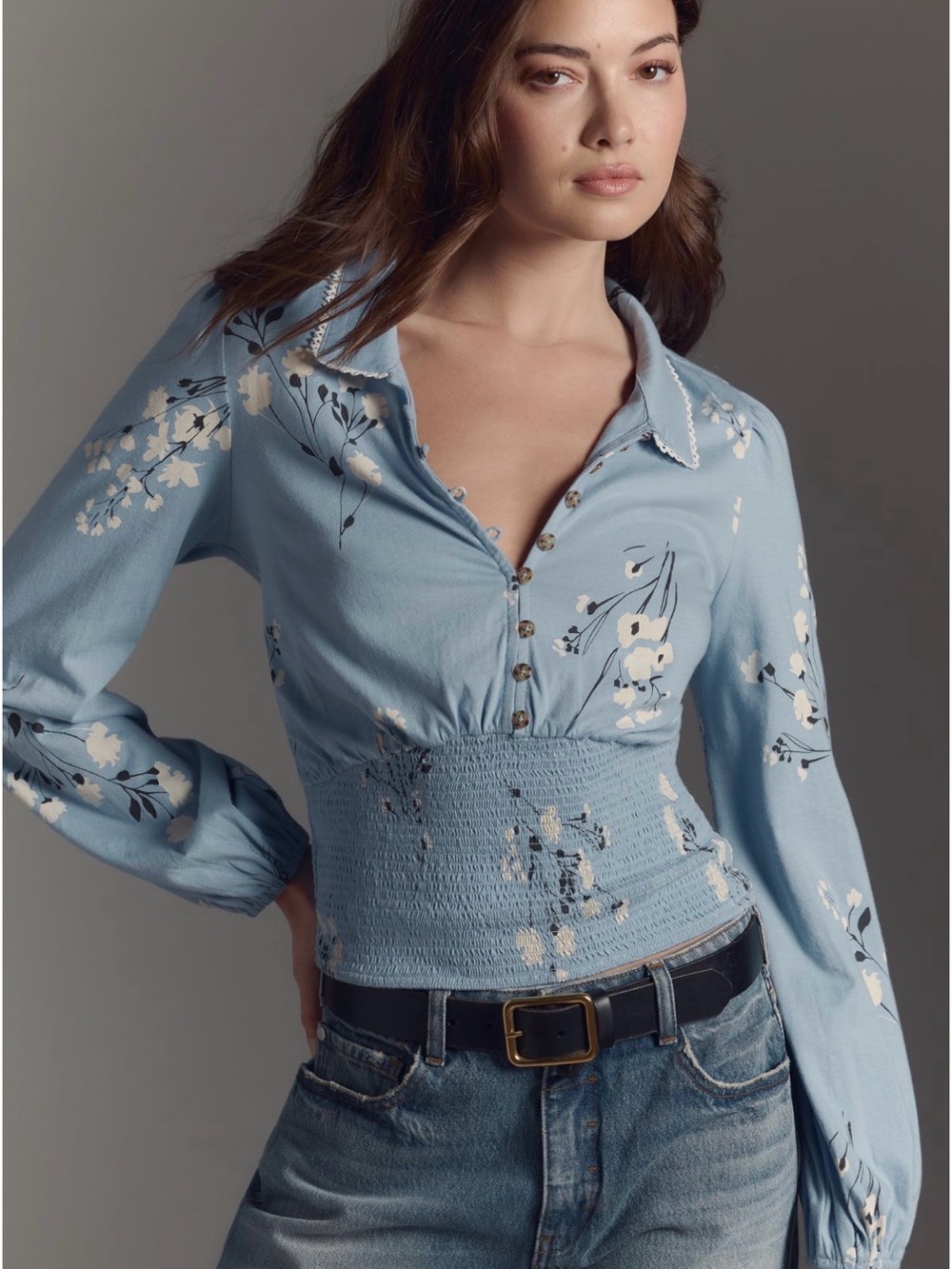 Maeve Smocked Waist Light Blue Floral Blouse - Women Tops